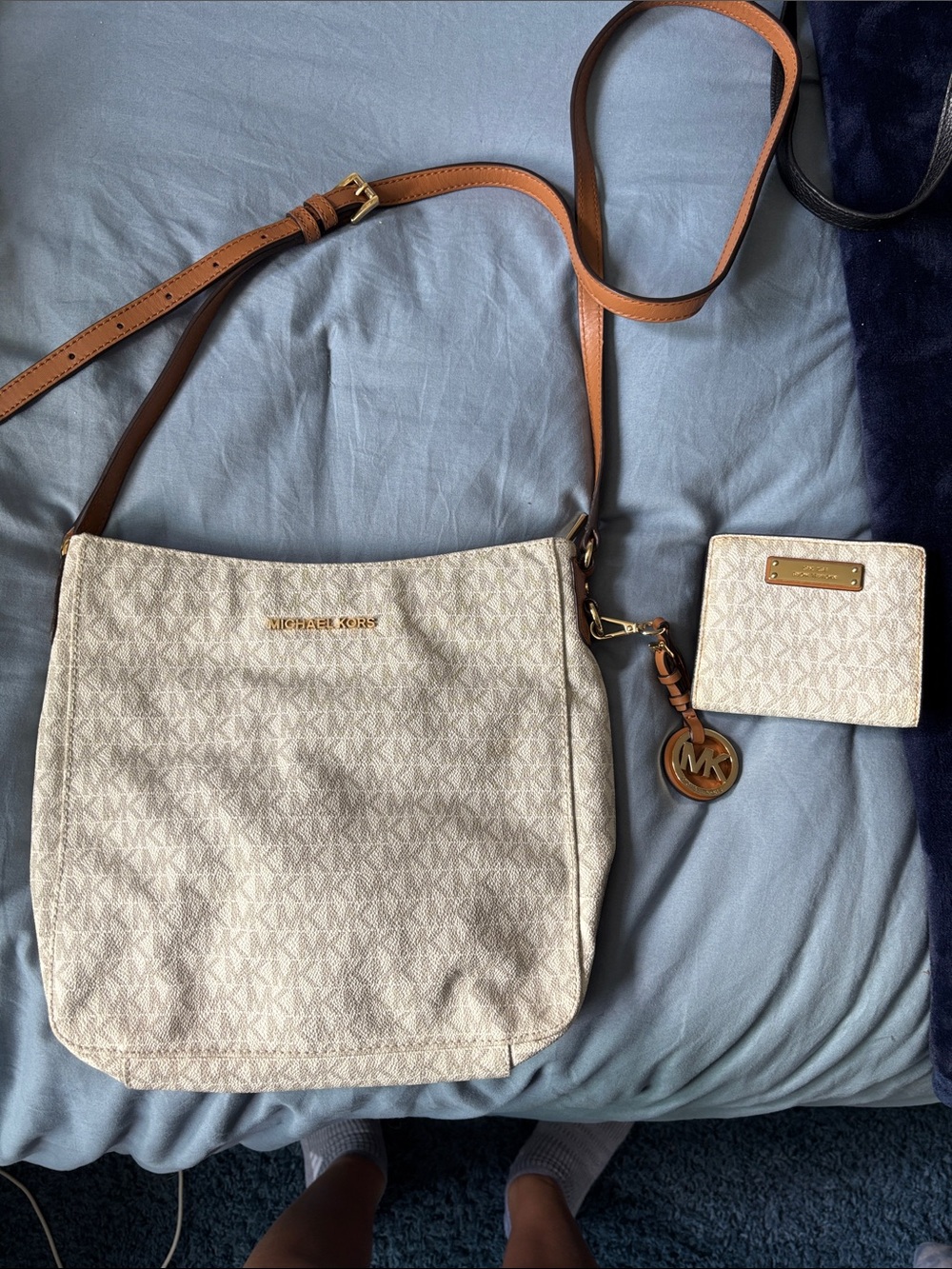 Michael Kors Cream Logo Crossbody with Tan Leather Strap and MK Charm